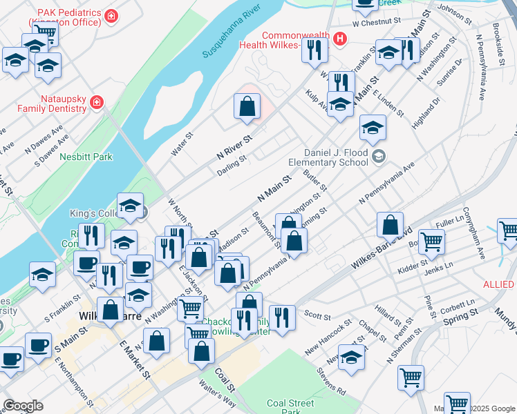 map of restaurants, bars, coffee shops, grocery stores, and more near 323 North Main Street in Wilkes-Barre