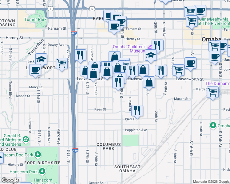 map of restaurants, bars, coffee shops, grocery stores, and more near 834 South 24th Street in Omaha