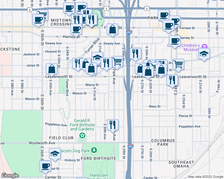 map of restaurants, bars, coffee shops, grocery stores, and more near 842 Park Avenue in Omaha
