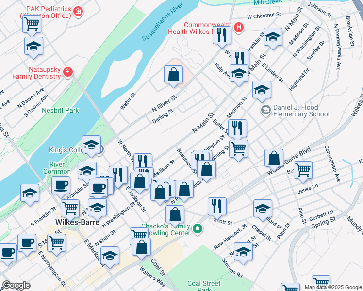 map of restaurants, bars, coffee shops, grocery stores, and more near 323 North Main Street in Wilkes-Barre