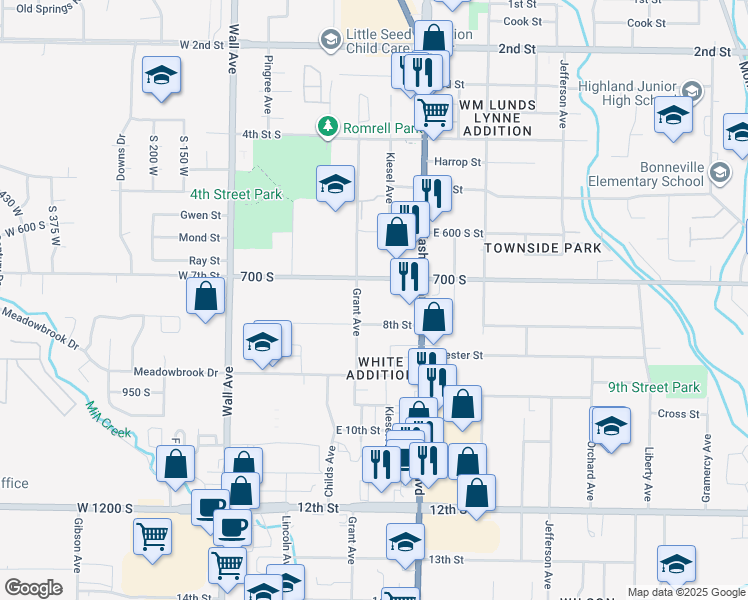 map of restaurants, bars, coffee shops, grocery stores, and more near 322 East 750 South in Ogden