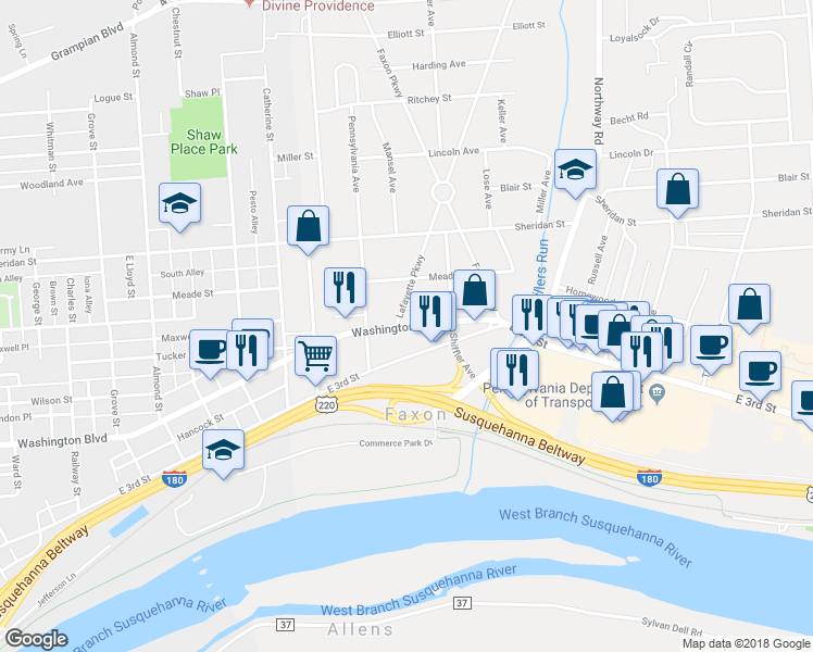 map of restaurants, bars, coffee shops, grocery stores, and more near 1419 Washington Boulevard in Williamsport