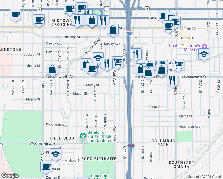 map of restaurants, bars, coffee shops, grocery stores, and more near 840 Park Avenue in Omaha