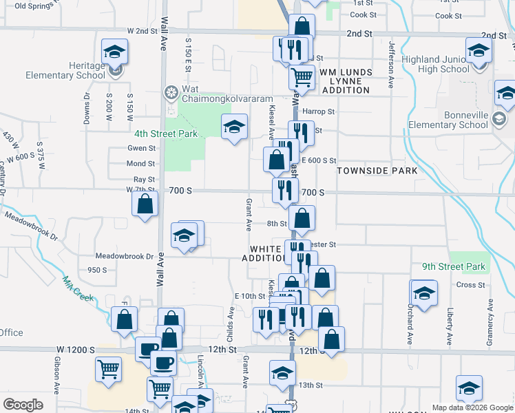 map of restaurants, bars, coffee shops, grocery stores, and more near 310 East 750 North in Ogden