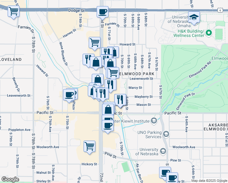 map of restaurants, bars, coffee shops, grocery stores, and more near 909 S 72nd St in Omaha