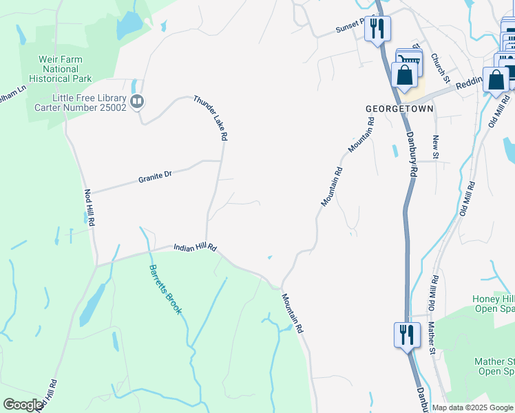 map of restaurants, bars, coffee shops, grocery stores, and more near 18 Thunder Lake Road in Wilton