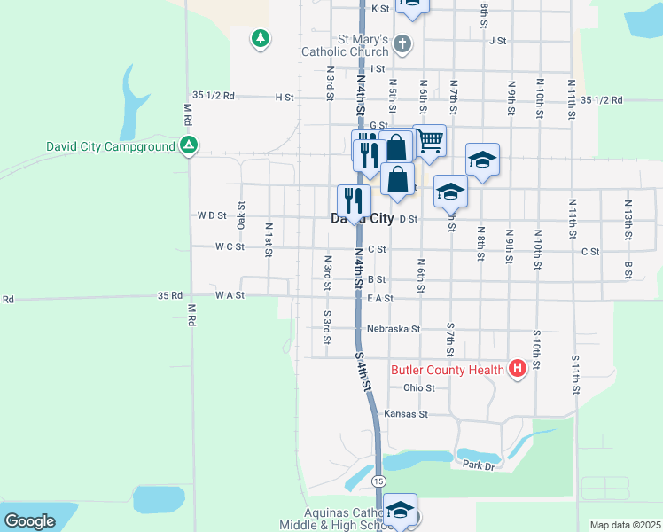 map of restaurants, bars, coffee shops, grocery stores, and more near 371 C Street in David City