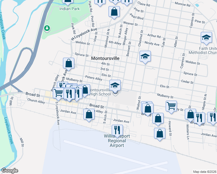 map of restaurants, bars, coffee shops, grocery stores, and more near 201-215 North Arch Street in Montoursville