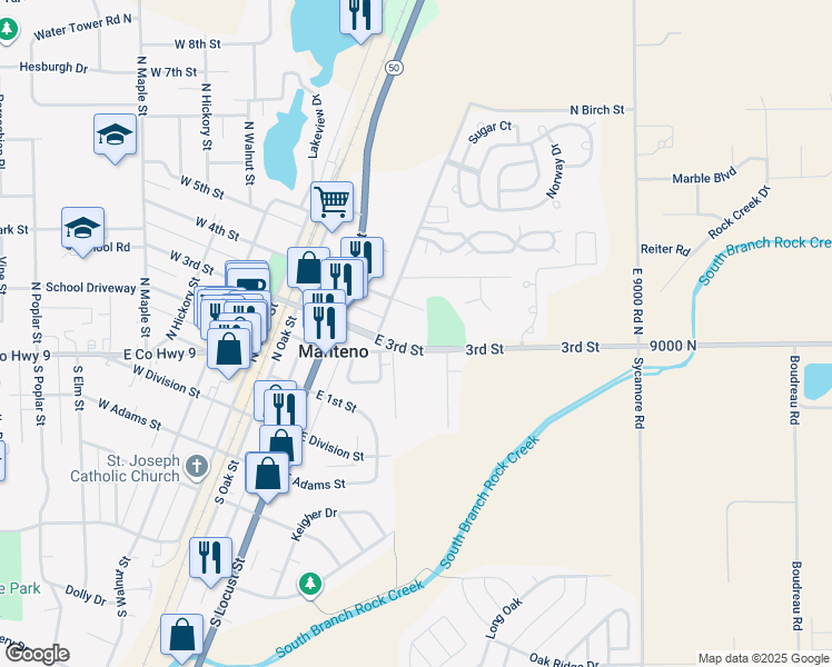 map of restaurants, bars, coffee shops, grocery stores, and more near 302 Jay Ray Court in Manteno
