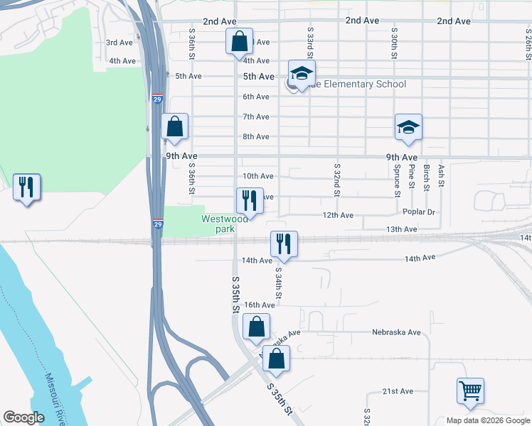 map of restaurants, bars, coffee shops, grocery stores, and more near 1106A South 34th Street in Council Bluffs