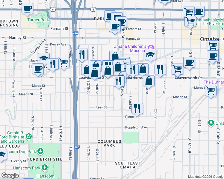 map of restaurants, bars, coffee shops, grocery stores, and more near 2515 Marcy Street in Omaha