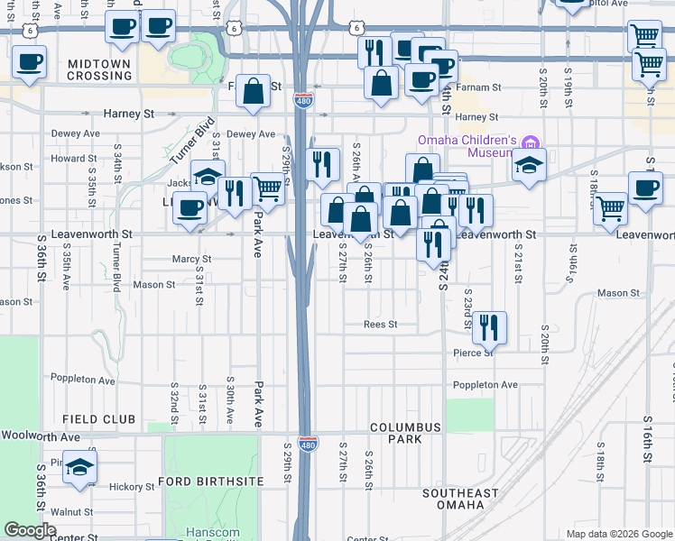 map of restaurants, bars, coffee shops, grocery stores, and more near 824 South 27th Street in Omaha