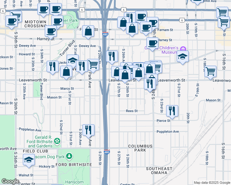 map of restaurants, bars, coffee shops, grocery stores, and more near 824 South 27th Street in Omaha