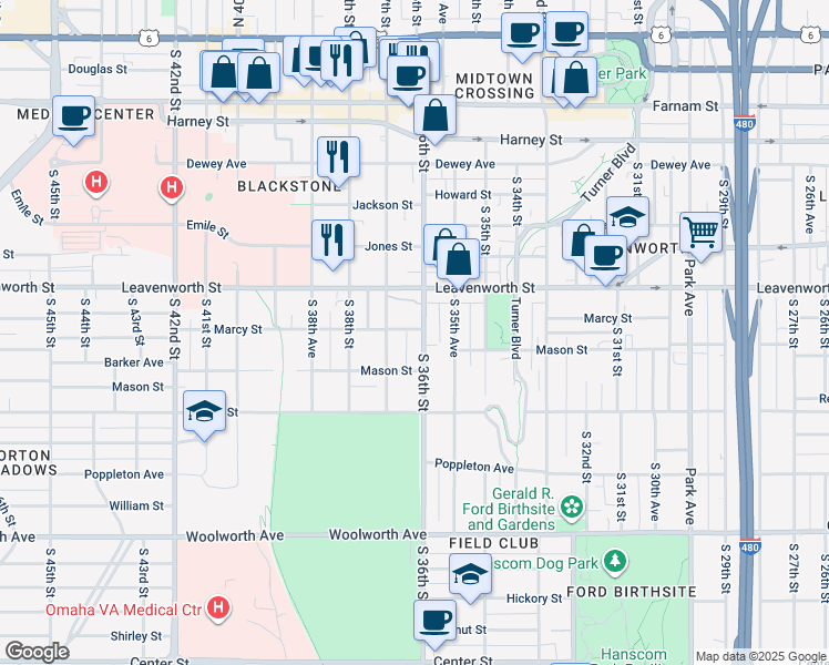 map of restaurants, bars, coffee shops, grocery stores, and more near 3612 Marcy Street in Omaha