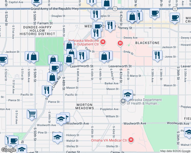 map of restaurants, bars, coffee shops, grocery stores, and more near 4425 Marcy Street in Omaha