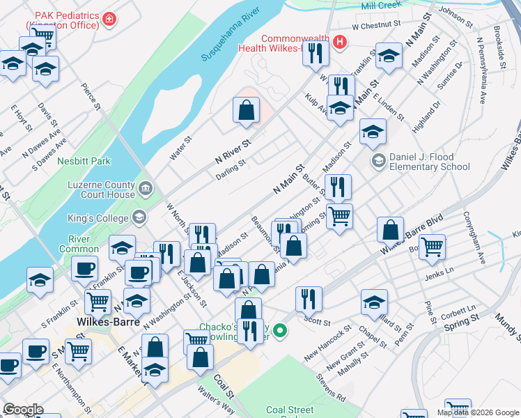 map of restaurants, bars, coffee shops, grocery stores, and more near 323 North Main Street in Wilkes-Barre