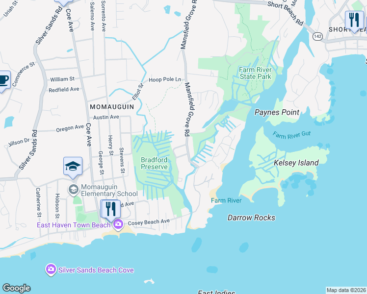 map of restaurants, bars, coffee shops, grocery stores, and more near 144 Mansfield Grove Road in East Haven