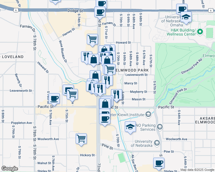 map of restaurants, bars, coffee shops, grocery stores, and more near 909 S 72nd St in Omaha