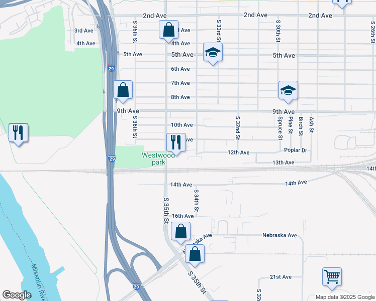 map of restaurants, bars, coffee shops, grocery stores, and more near 1106A South 34th Street in Council Bluffs