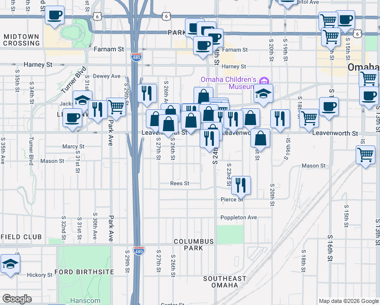 map of restaurants, bars, coffee shops, grocery stores, and more near 2515 Marcy Street in Omaha