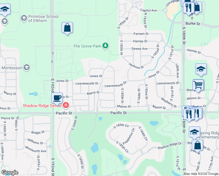 map of restaurants, bars, coffee shops, grocery stores, and more near 18606 Leavenworth Street in Omaha