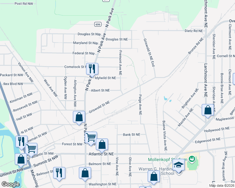 map of restaurants, bars, coffee shops, grocery stores, and more near 379 Griswold Street Northeast in Warren