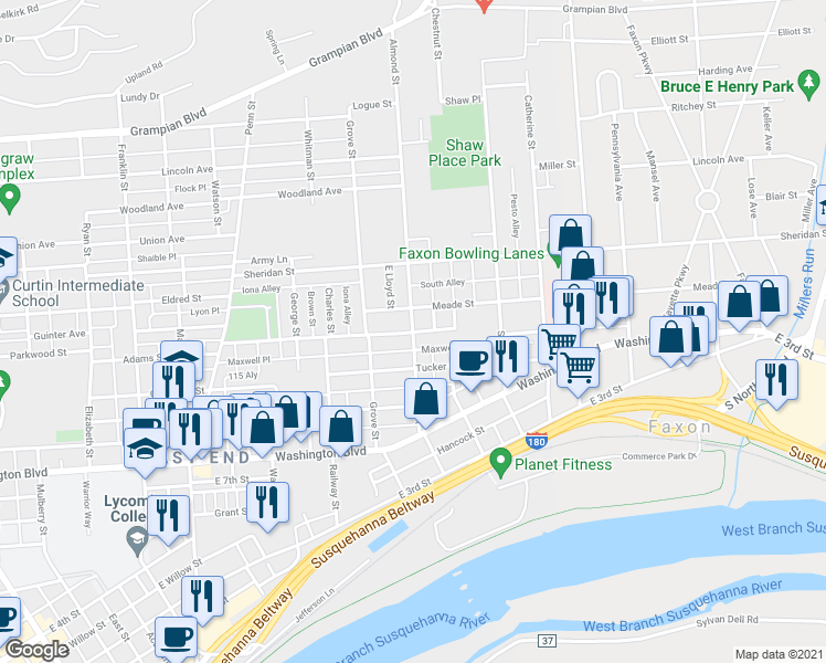 map of restaurants, bars, coffee shops, grocery stores, and more near 1100 Almond Street in Williamsport