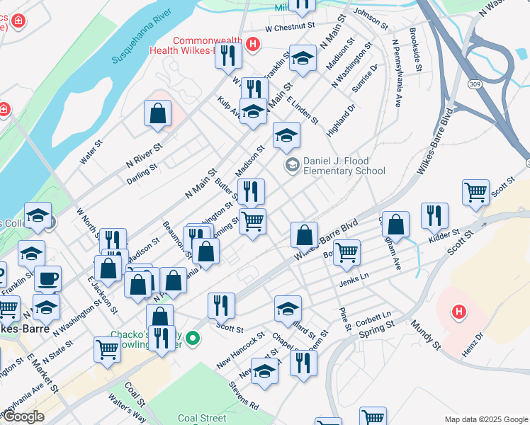 map of restaurants, bars, coffee shops, grocery stores, and more near 266 Wyoming Street in Wilkes-Barre