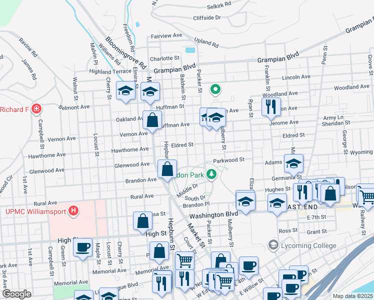 map of restaurants, bars, coffee shops, grocery stores, and more near 1030 Baldwin Street in Williamsport