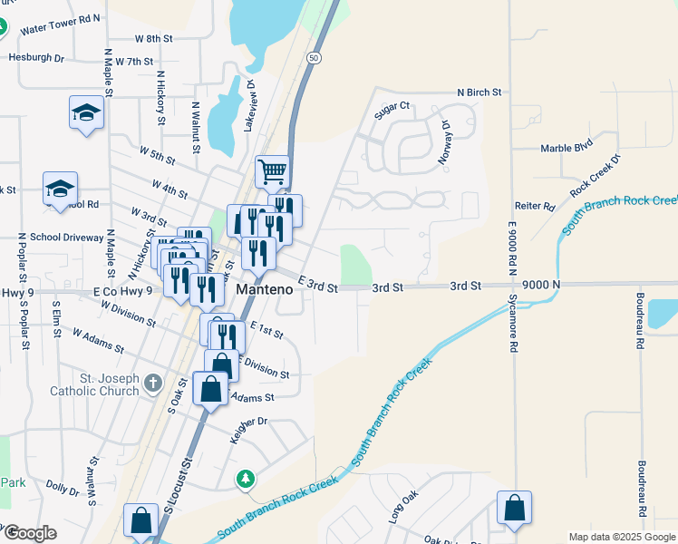 map of restaurants, bars, coffee shops, grocery stores, and more near 302 Jay Ray Court in Manteno