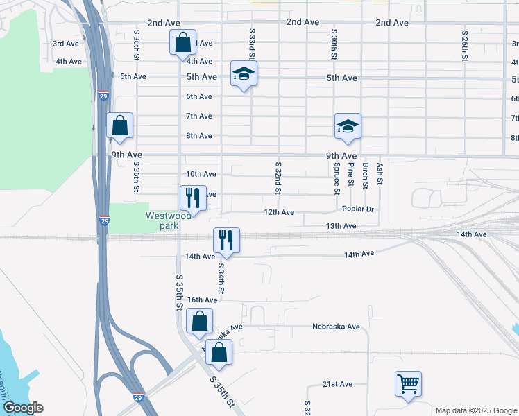 map of restaurants, bars, coffee shops, grocery stores, and more near 3207 11th Avenue in Council Bluffs