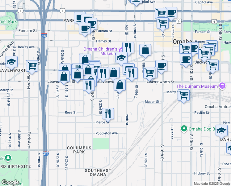 map of restaurants, bars, coffee shops, grocery stores, and more near 819 South 22nd Street in Omaha
