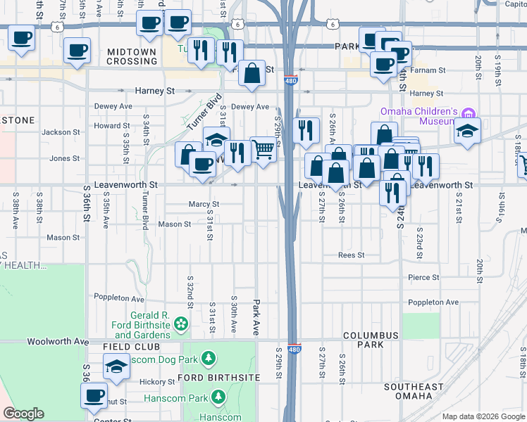 map of restaurants, bars, coffee shops, grocery stores, and more near 828 South 29th Street in Omaha