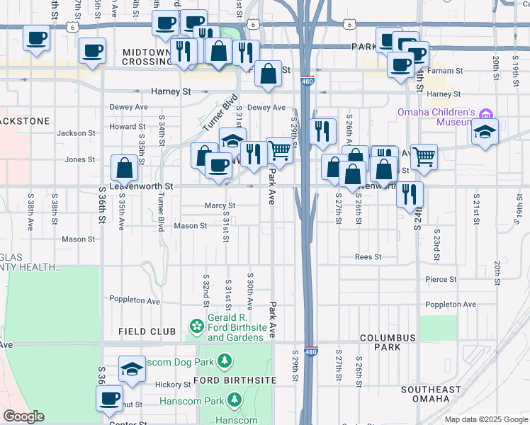 map of restaurants, bars, coffee shops, grocery stores, and more near 826 Park Avenue in Omaha