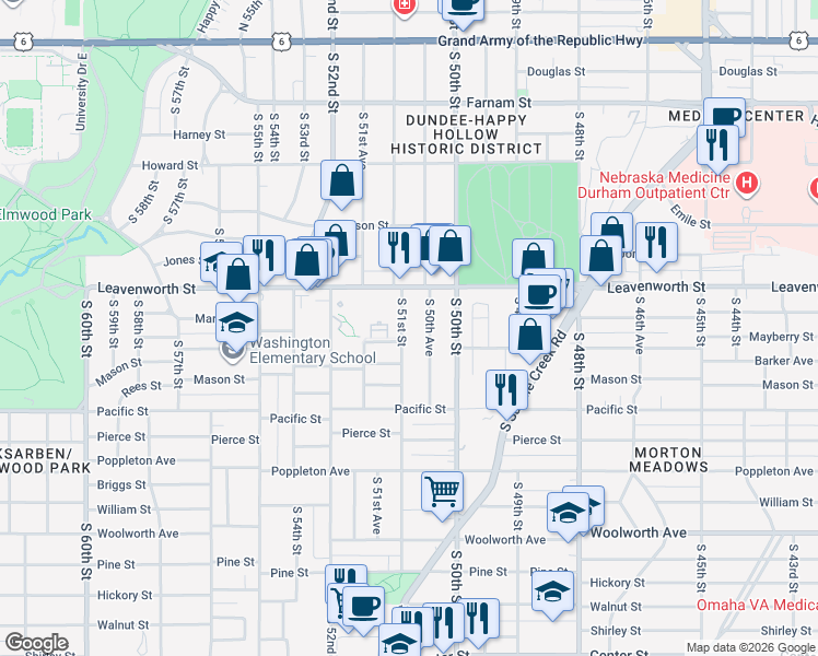 map of restaurants, bars, coffee shops, grocery stores, and more near 825 South 51st Street in Omaha