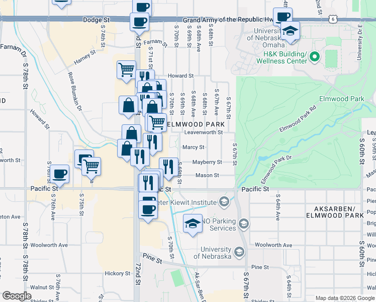map of restaurants, bars, coffee shops, grocery stores, and more near 6820 Marcy Street in Omaha
