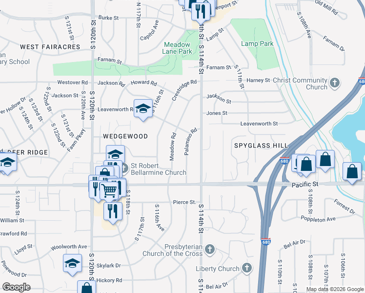 map of restaurants, bars, coffee shops, grocery stores, and more near 833 Meadow Road in Omaha