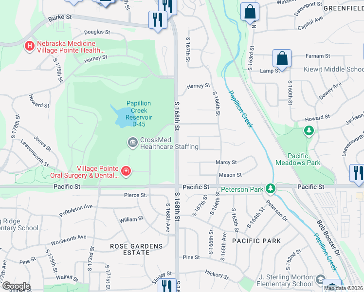map of restaurants, bars, coffee shops, grocery stores, and more near 16729 Jones Circle in Omaha
