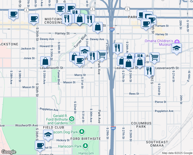 map of restaurants, bars, coffee shops, grocery stores, and more near 826 Park Avenue in Omaha