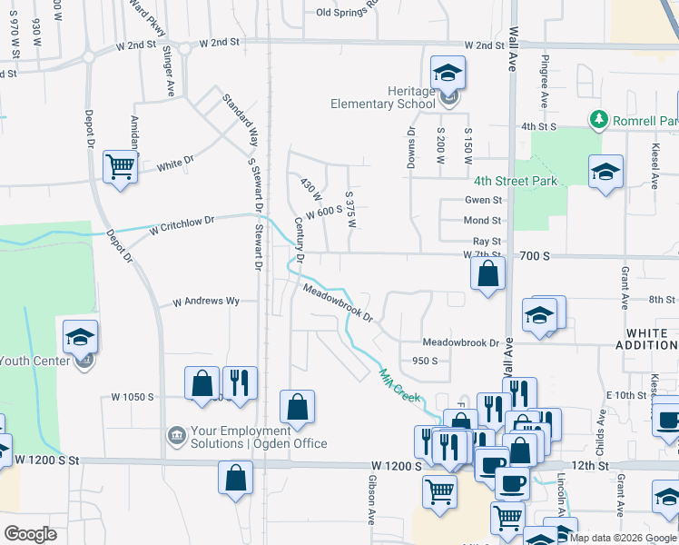 map of restaurants, bars, coffee shops, grocery stores, and more near 1446 South 410 West in Ogden