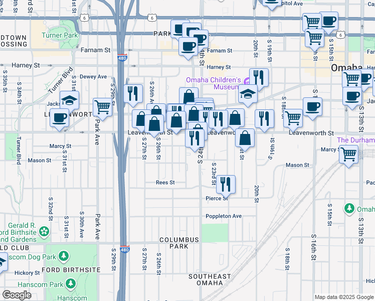 map of restaurants, bars, coffee shops, grocery stores, and more near 907 South 25th Street in Omaha