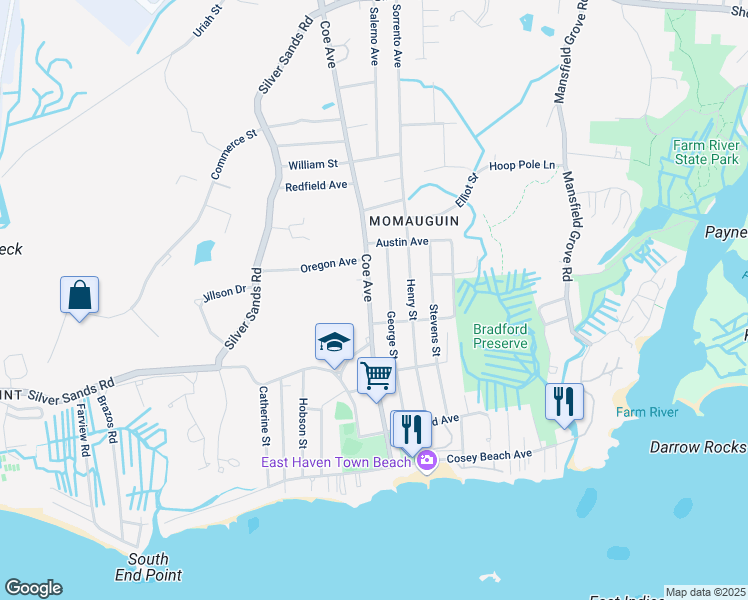 map of restaurants, bars, coffee shops, grocery stores, and more near 158 Coe Avenue in East Haven