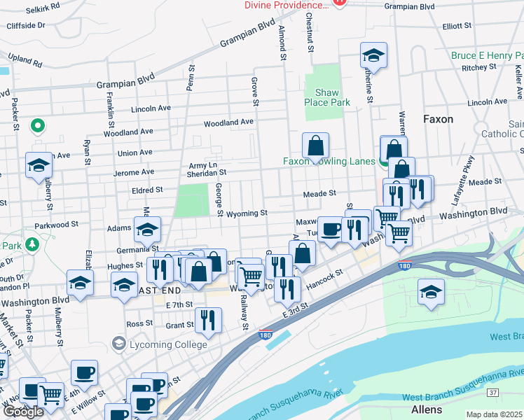 map of restaurants, bars, coffee shops, grocery stores, and more near 721 Wyoming Street in Williamsport