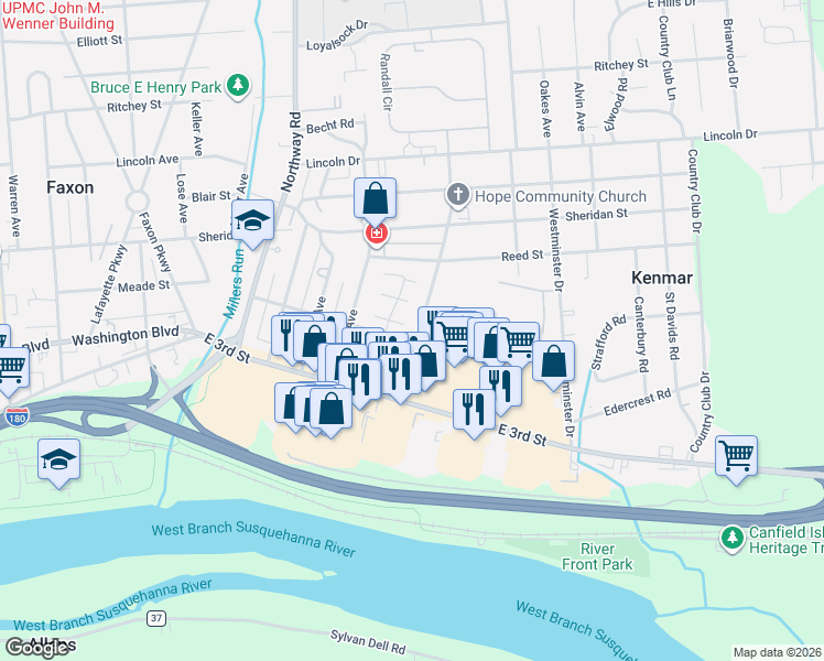 map of restaurants, bars, coffee shops, grocery stores, and more near 668-1198 Tinsman Avenue in Williamsport
