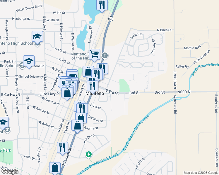 map of restaurants, bars, coffee shops, grocery stores, and more near 350 North Birch Street in Manteno