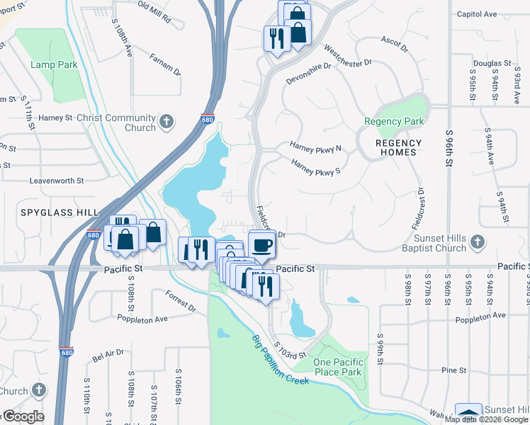 map of restaurants, bars, coffee shops, grocery stores, and more near 10102 Fieldcrest Drive in Omaha
