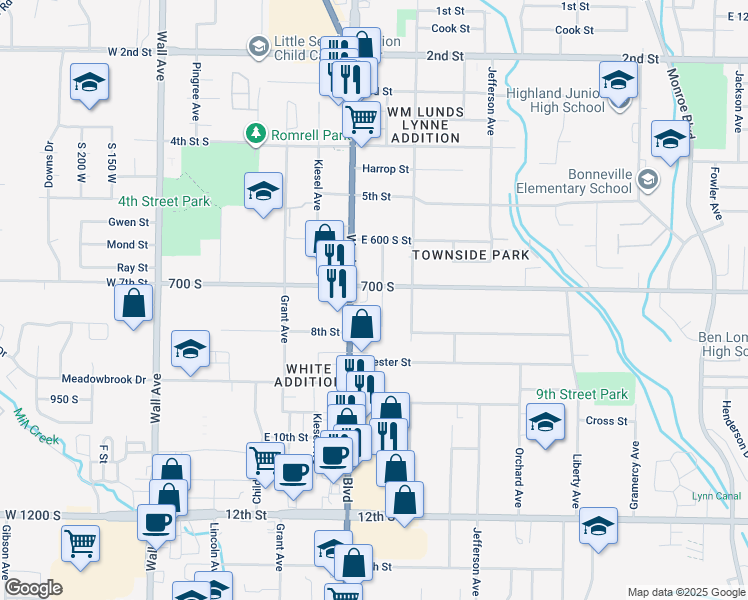 map of restaurants, bars, coffee shops, grocery stores, and more near 710 Washington Boulevard in Ogden