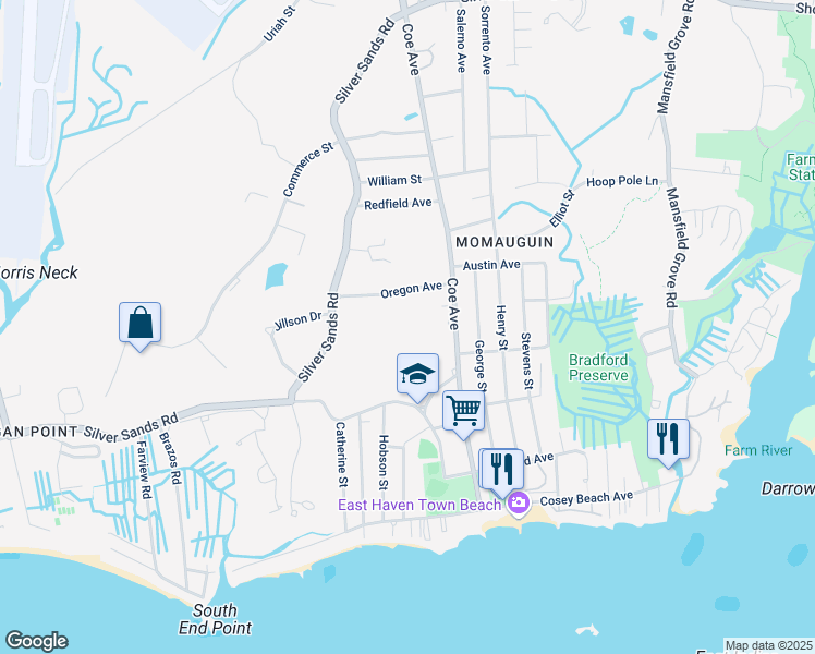 map of restaurants, bars, coffee shops, grocery stores, and more near 164 Coe Avenue in East Haven