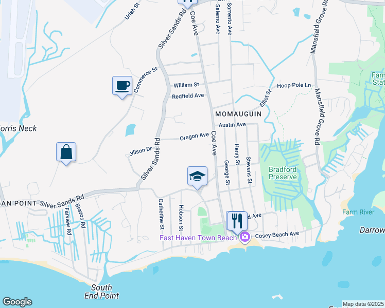 map of restaurants, bars, coffee shops, grocery stores, and more near 164 Coe Avenue in East Haven