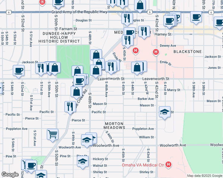 map of restaurants, bars, coffee shops, grocery stores, and more near 4528 Marcy Street in Omaha